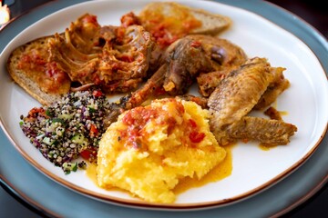 Traditional rustic Brazilian food, guinea fowl, Numida meleagris, with polenta, artisanal bread, and quinoa tabbouleh with vegetables. Real food