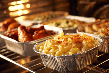 Golden Mac & Cheese in Oven Cooks. Baking food photography for catering, restaurants, comfort food posters.