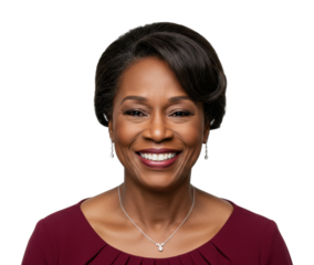 Professional woman smiling studio portrait headshot bright confident expression isolated on transparent background