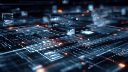 Abstract digital circuit board with glowing data overlays