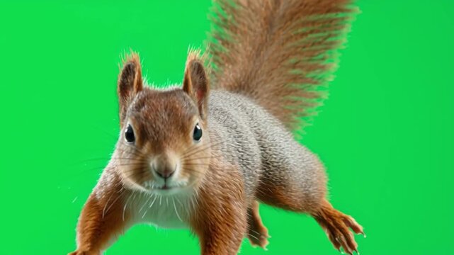 A squirrel mid air with outstretched paws and tail against a vibrant green screen background green screen animal video