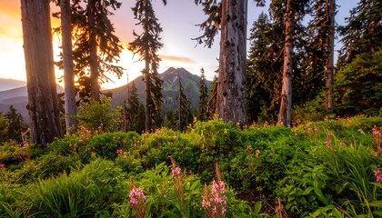 Mountain meadow at sunset with wildflowers and towering trees.