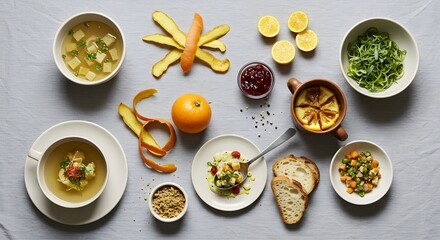 An overhead shot of various food items including soup, salad, bread, and fruit on a gray surface food waste minimalism, using all parts