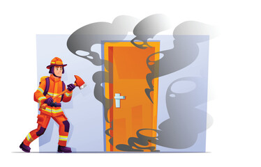 Fireman with an axe stands in front of a door with smoke coming out of it. He is preparing for a rescue. Vector cartoon character illustration