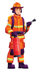 Fireman holds a fire extinguisher, a piece of equipment used to put out small fires in an emergency. Vector cartoon character illustration