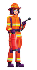 Female firefighter holding a fire extinguisher, a piece of equipment used to put out small fires in an emergency. Vector cartoon character illustration
