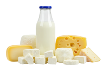 Cheese and milk display dairy farm food rustic setting freshness concept isolated on transparent background