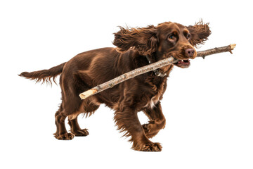 Playful dog fetching a stick outdoor scene animal dynamic perspective isolated on transparent background