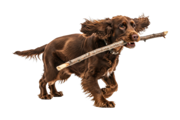 Playful dog fetching a stick outdoor scene animal dynamic perspective isolated on transparent background