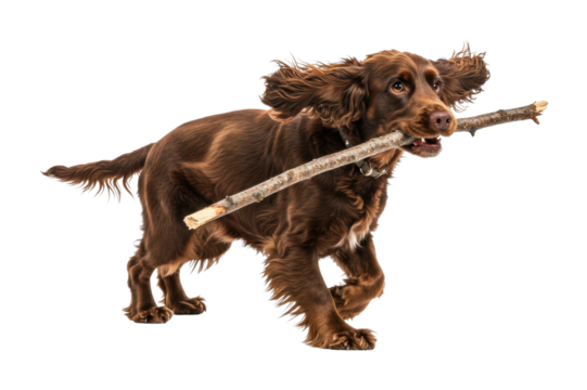 Playful dog fetching a stick outdoor scene animal dynamic perspective isolated on transparent background