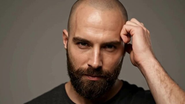 Portrait of a bald man with a beard looking at the camera.
