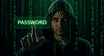 Hacker in hood with password interface code