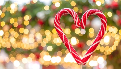 Heart-shaped candy canes against a background of festive lights.