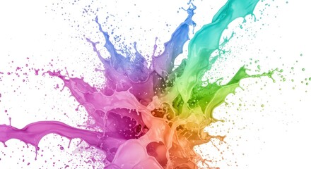 Obraz premium A vibrant explosion of rainbow paint splashes against a white background.