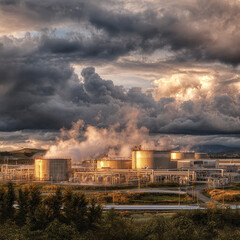 “Industrial Factory with Smokestacks Emitting Pollution into the Sky, Environmental Impact and Air Pollution Concept”