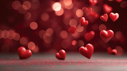 Romantic Background with Floating 3D Red Hearts, Bokeh Lights, and Glitter Surface