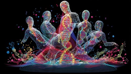 Abstract art depicting human figures intertwined with DNA strands