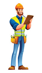 Bearded male engineer with a hardhat, vest, and tool belt writing on a clipboard with a pencil. Vector cartoon character illustration