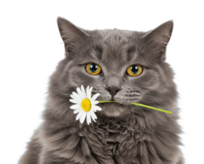 Playful gray cat holding daisy studio setting pet bright perspective cute concept isolated on transparent background