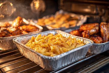 Golden Mac and Cheese in Oven Shows Food Texture; Product photography, culinary arts, poster backgrounds.