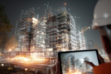 Architect reviewing digital building plans at night