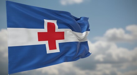 A waving blue flag with a red cross against a cloudy sky.