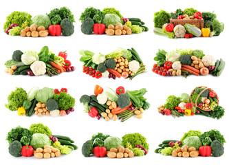 Fresh vegetables in piles on white background, set