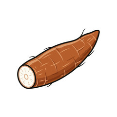 A simple cartoon illustration of a whole cassava root tuber, cut to reveal its white starchy interior.