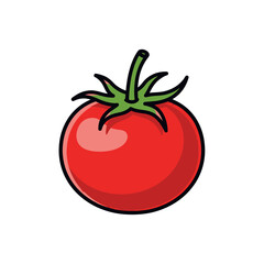 Illustration of a ripe red tomato with a green stem and leaves, isolated on a white background.