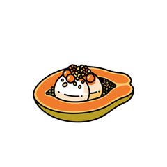Cartoon illustration of papaya halves filled with a light-colored food, topped with small red and brown dots.