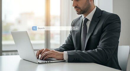 Search Engine, search information on internet online. Profesional male use laptop computer searching data on Website online finding information.