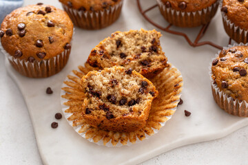 Banana muffins with chocolate chips for breakfast