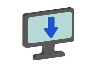 Simple 3D illustration of a screen icon with a download arrow. Transparent background, PNG format.