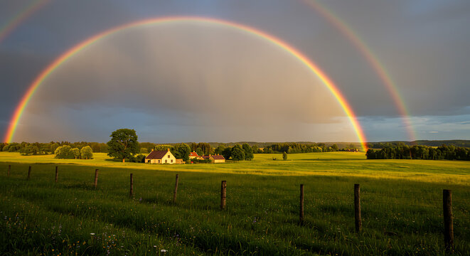 A spectacular double rainbow arches over a serene rural landscape with green fields and a farmhouse.