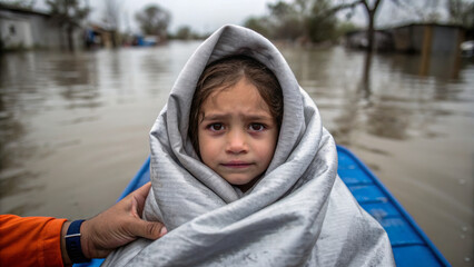 Flood victims need urgent assistance. A young girl wrapped in a blanket, looking concerned amidst a flooded environment.