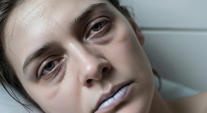 Glistening Vulnerability: A Hyper-Detailed Portrait of Sweaty Skin and Icy Metallic Lips