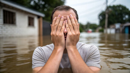 Flood victims need urgent assistance. Man in floodwaters, covering his face, expressing despair in a flooded area.