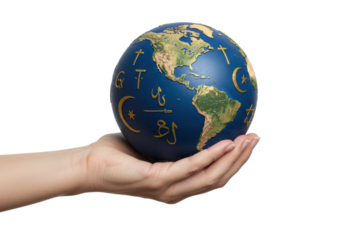 Global unity and understanding world in hand conceptual symbolic representation isolated on transparent background