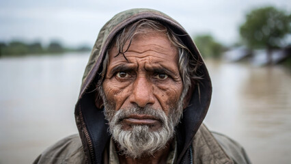 Flood victims need urgent assistance. A somber elderly man with a weathered face stands against a flood backdrop.