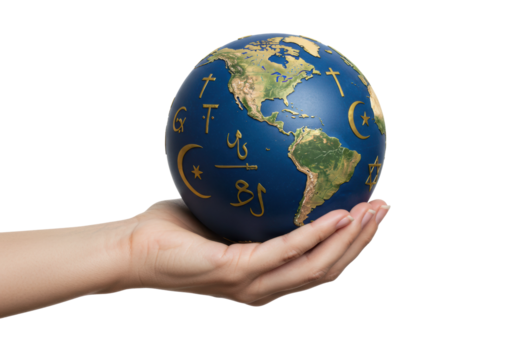 Global unity and understanding world in hand conceptual symbolic representation isolated on transparent background