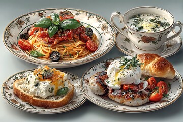 This image showcases a delicious and elegant meal, including a plate of pasta topped with a rich tomato sauce, fresh basil, and olives. There’s a side dish of poached eggs on sausages with tomatoes.