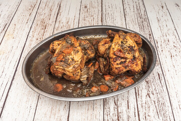 Roasted chicken with extra-crispy skin, served with double-cooked fries and homemade hollandaise sauce on the side