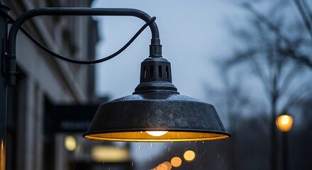 Vintage industrial style outdoor lamp illuminating the evening