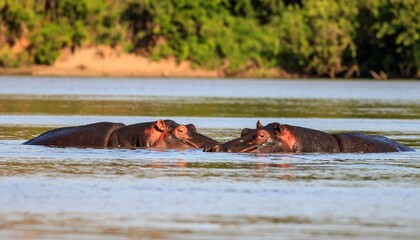 Fototapeta premium Two hippos resting in a river.
