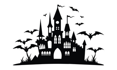 Spooky haunted castle silhouette with flying bats and eerie grass creating a perfect Halloween atmosphere for festive designs.