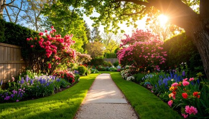 Fototapeta premium A well-maintained garden path lined with vibrant flowers and lush greenery.