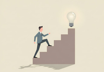 Obraz premium Ascending to Innovation: A determined individual embarks on a climb, scaling a flight of steps towards the brilliance of a lightbulb. Career Growth Concept – Man Ascending Steps to Lightbulb Idea