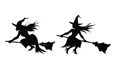 Fototapeta premium Dynamic silhouette witches flying on broomsticks, capturing spooky Halloween magic and festive spirit for seasonal celebrations