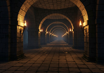 Obraz premium Dark Medieval Stone Archway Tunnel Corridor