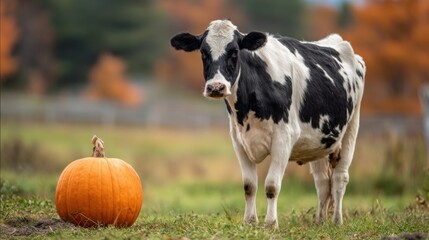 Autumn Pasture Scene With A Holstein Cow And Pumpkin